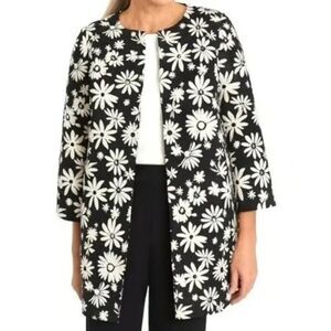 Talbots Women Jacquard Coat 8P Black White Floral Daisies Pockets Mid Length NWT